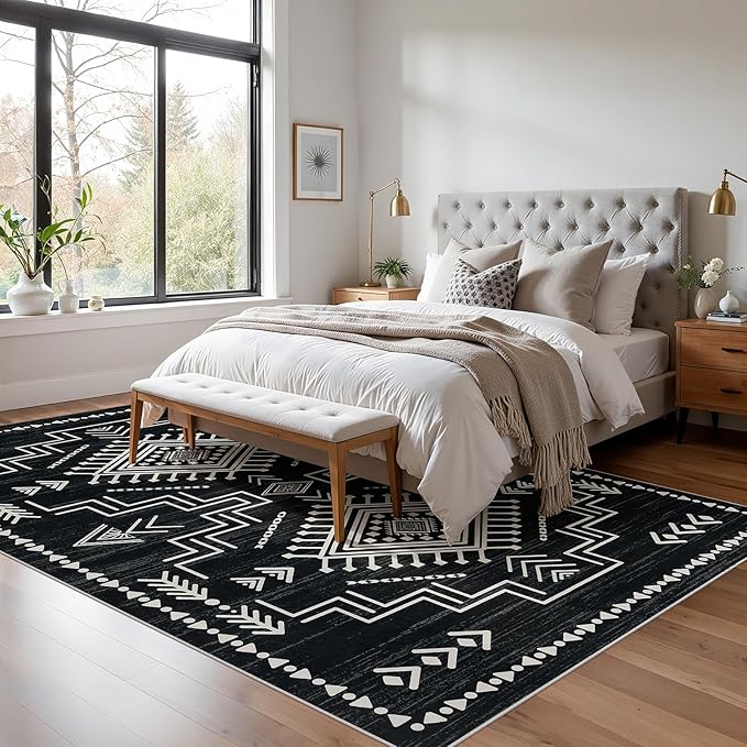 Joydeco Moroccan Black and White Washable 6x9 Living Room Area Rug, Non-Slip Western Stain Resistant Dining Room Rugs for Under Table, Geometric Aztec Print Modern Carpet for Bedroom Office