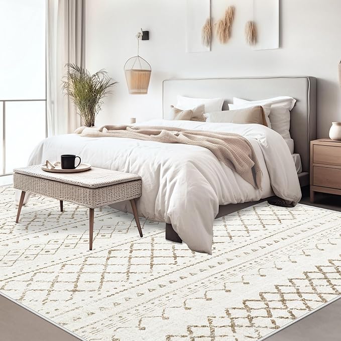Area Rug for Living Room 9x12: Large Washable Boho Moroccan Rugs Geometric Neutral Rug, Non-Slip Foldable Morden Farmhouse Indoor Floor Carpet for Bedroom Dining Table Home（Brown,9X12）