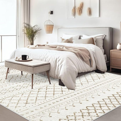 Area Rug for Living Room 9x12: Large Washable Boho Moroccan Rugs Geometric Neutral Rug, Non-Slip Foldable Morden Farmhouse Indoor Floor Carpet for Bedroom Dining Table Home（Brown,9X12）