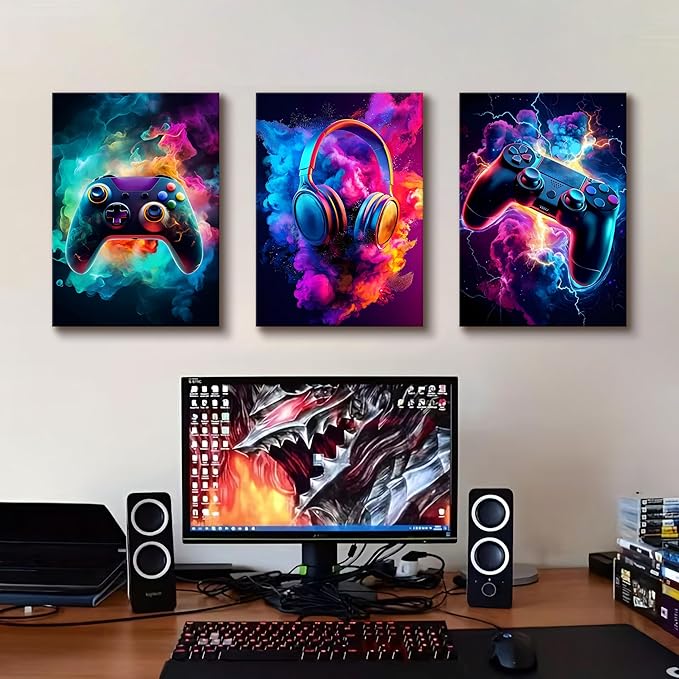 WENGTIAO 3Pcs Framed Gaming Canvas Wall Art Prints Cool Video Gamer Painting Neon Gamepad Headphones Posters Colorful Game Controller Pictures Esports Artwork for Teen Boys Bedroom Play Room 16x24in