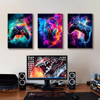 WENGTIAO 3Pcs Framed Gaming Canvas Wall Art Prints Cool Video Gamer Painting Neon Gamepad Headphones Posters Colorful Game Controller Pictures Esports Artwork for Teen Boys Bedroom Play Room 16x24in