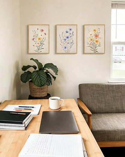 Drsoum Vintage Flower Bouquet Wall Art Framed Retro Bohemian Boho Colorful Floral Plant Rustic Artwork Nature Botanical Wildflower Prints Bedroom Living Room Ready to Hang 11x14in Natural Framed