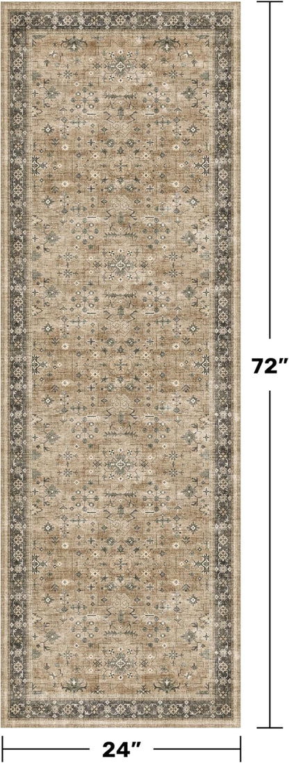 Natural Sage Taupe 2x6 Entryway Runner Rug, Kitchen Floor Mat for Indoor Entrance and Bathroom, Washable Vintage Earthy Decor, Non-Slip Stain Resistant Low-Pile Throw Rug