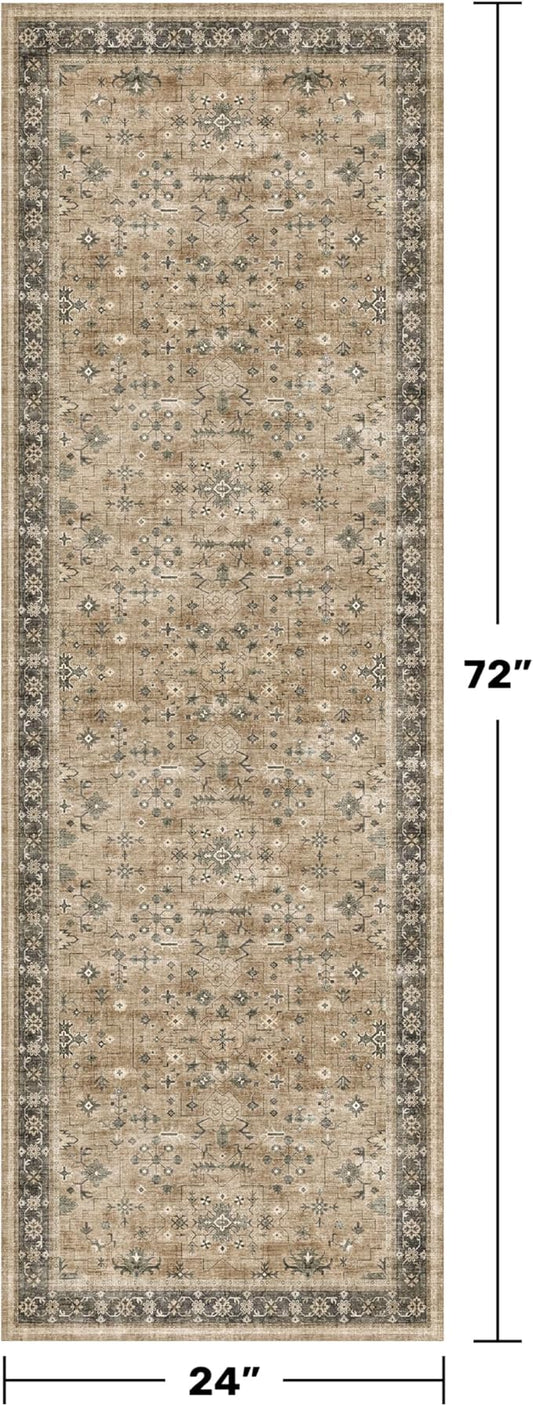 Natural Sage Taupe 2x6 Entryway Runner Rug, Kitchen Floor Mat for Indoor Entrance and Bathroom, Washable Vintage Earthy Decor, Non-Slip Stain Resistant Low-Pile Throw Rug