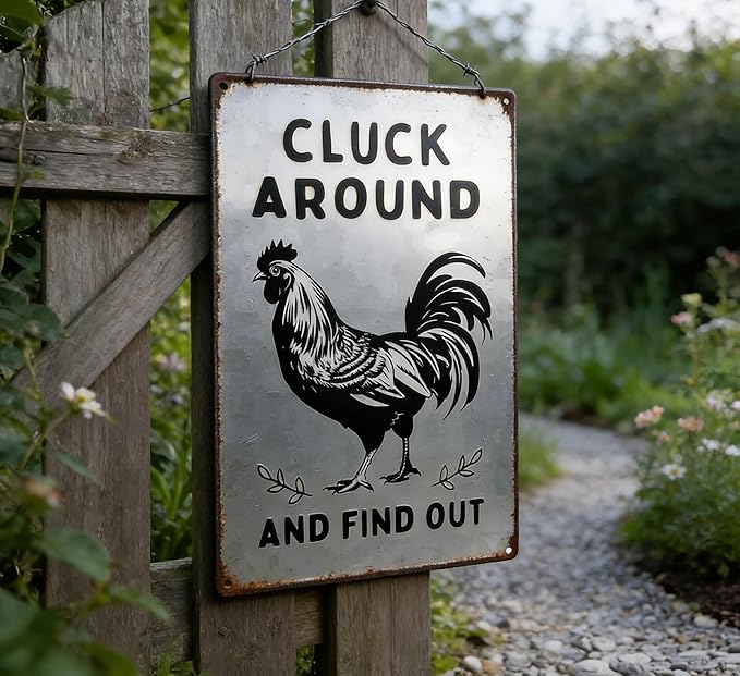 Funny Chicken Metal Sign Cluck Around and Find Out Tin Sign Fun Rooster Tin Signs Decor Rustic Farmhouse Sign for Farm Chicken Coop Farmhouse Kitchen Yard Fence 8 X 12 Inch