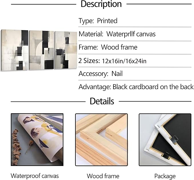 3Pcs Framed Neutral Abstract Canvas Wall Art Pictures Modern Minimalist Posters Prints Beige Black Brown Simple Wall Decoration for Living Room Bedroom Bathroom Office 16x24in