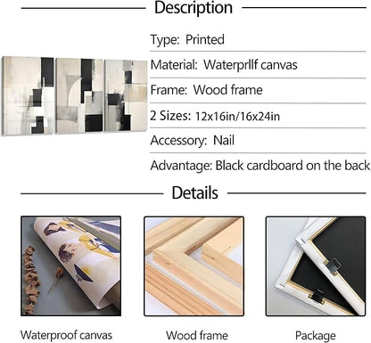 3Pcs Framed Neutral Abstract Canvas Wall Art Pictures Modern Minimalist Posters Prints Beige Black Brown Simple Wall Decoration for Living Room Bedroom Bathroom Office 16x24in