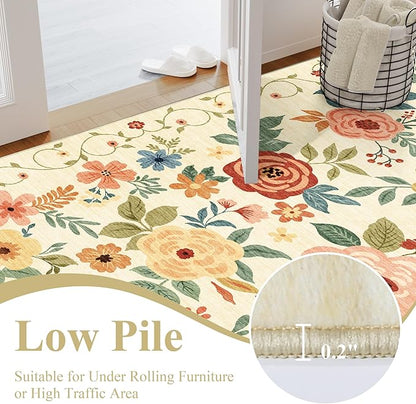 DUKINO 4x6 Area Rug, Lightweight Non Slip Washable Floral Rug, Indoor Low Pile & Non-Shedding Boho Design Rugs for Bedroom, Living Room, Dining Room, Beige Yellow
