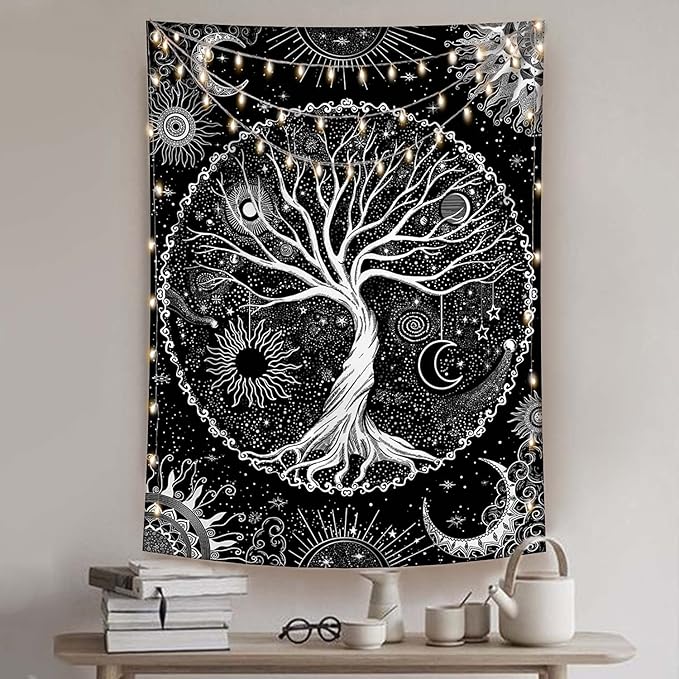Lunerfex Tree of Life Tapestry Black and White Tapestry Mystical Sun and Moon Tapestries for Bedroom and Living Room Decor Black Tree 36×48 Inches