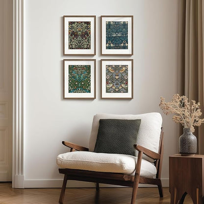 Framed William Morris Canvas Wall Art, 4 Piece Vintage Botanical Floral Bird Wall Art Decor, Retro Strawberry Thief Painting Artwork for Living Room, Bedroom, Bathroom, Office, Dining Room, 8x10