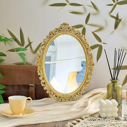 Beeveer 2 Style Vintage Mirrors Set Decorative Oval Wall Mirror Small Antique Mirrored Tray Decorative Hanging Mirror for Bathroom Bedroom Jewelry Organizer Victorian Decor (Square,Gold)