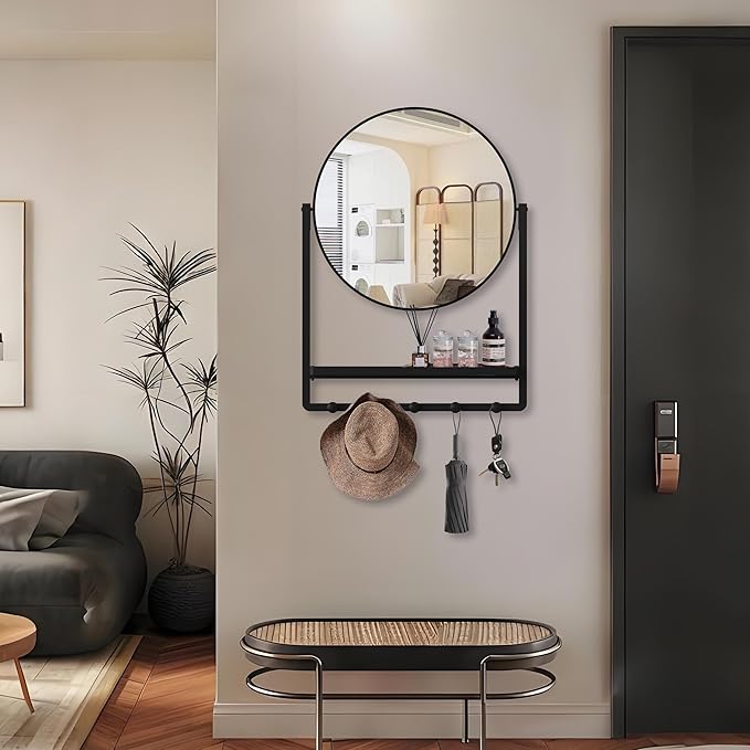 Modern Black Round Wall Mirror with Shelf and Hooks, 29.5" x 21.7" Large Bathroom Mirror with 10° Adjustable Tilt for Entryway, Living Room, Hallway, Bedroom