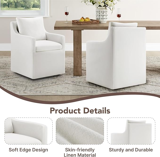 KISLOT Upholstered Dining Chairs Set of 2, Modern Dining Room Chairs with Casters & Washable Cover, Rolling Accent Chair with Hidden Storage for Kitchen, Farmhouse, Living Room, White, 2 Box