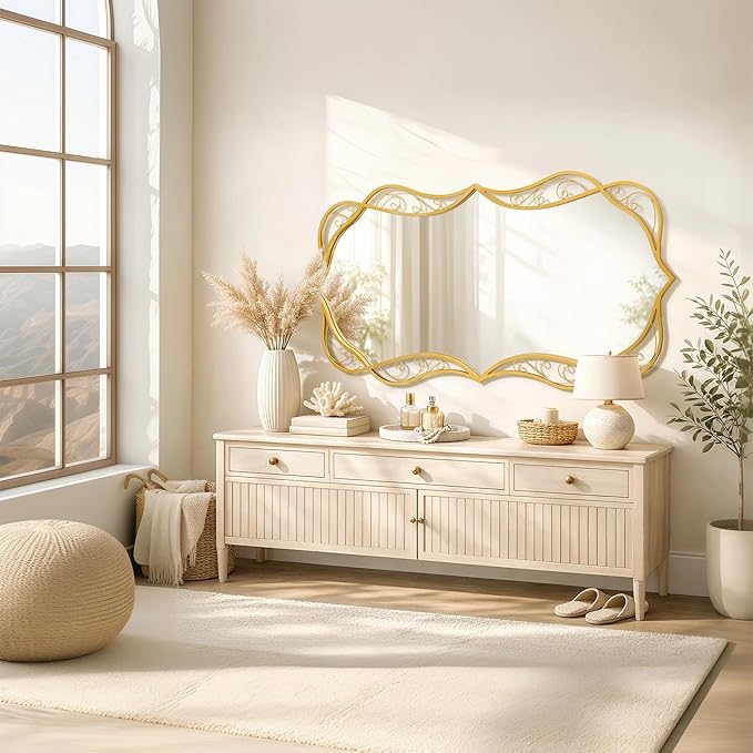 Besdomus Large Bathroom Gold Mirror: 30"x60" Scalloped Modern Long Full Length Vanity Wall Mirror - Farmhouse Decorative Vertical or Horizontal Hanging for Bathroom/Entryway/Fireplace/Bedroom