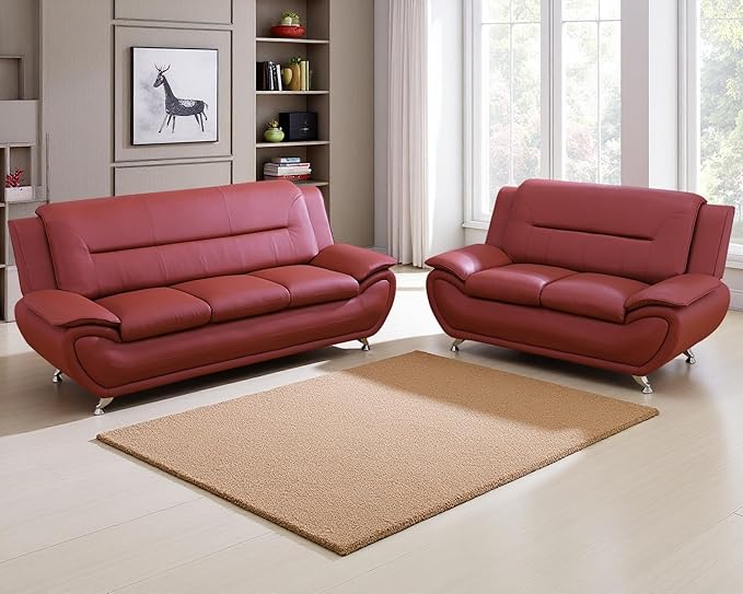 Living Room Furniture Sets, Red Faux Leather Sofa Couch for Living Room, Sofa and Loveseat for Office, Bedroom, Apartment