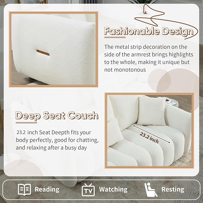 Antetek Teddy Sofa Set for Living Room, 2 Pieces Modern Deep Seat Oversized 3-Seater Cloud Boucle Couch for Bedroom, Office, Apartment, Furniture Set, 78-inch, Beige (2 Pieces)