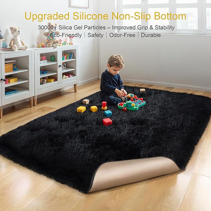 KICHOWUA Thick Area Rug Black Fluffy Shag 6x9 for Bedroom, Ultra Soft Plush Shaggy Fuzzy Washable Carpet, Modern Thickened Non-Slip Cozy Furry Rug for Living Room Kids Baby Nursery, and Dorm