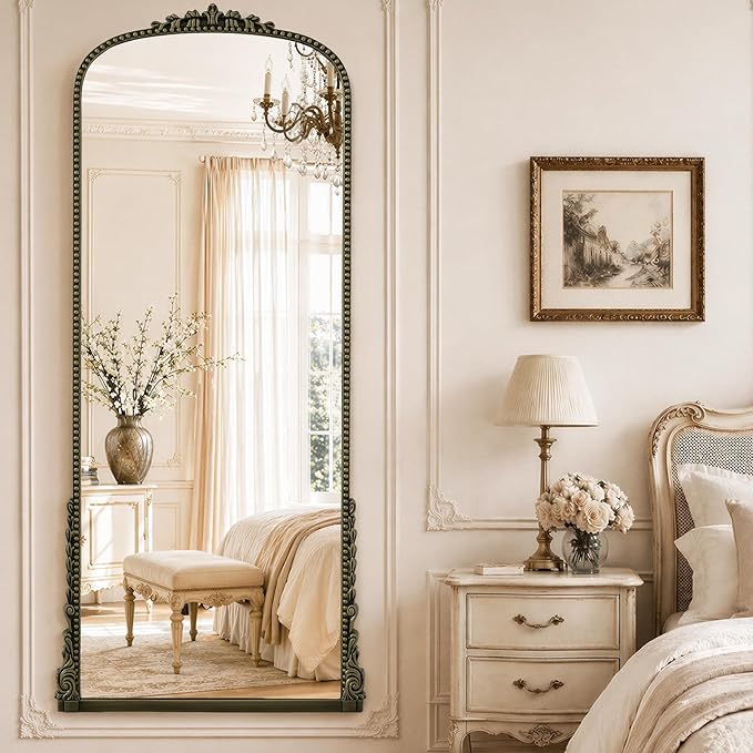 Antique Full Length Mirror 71" x 32", Antique Bronze Arched Large Vintage Mirror in Baroque Style with Tempered Glass, Freestanding for Bedroom, Living Room, Cloakroom