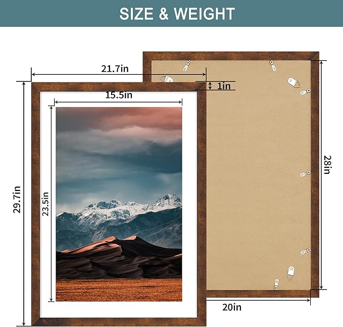 iRahmen 20x28 Poster Frame with 16x24 Mat - Plexiglass Wooden Picture Frames for Photo Wall Gallery Mounting (Dark Brown, Set of 2)