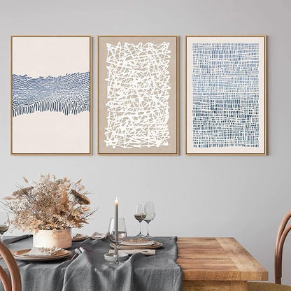 SAFERRYHOME Blue Neutral Contrast Abstract Boho Wall Art Framed Canvas Print Set, Mid Century Modern Minimalist Lines Geometric Pattern for Living Room, Bedroom, Office - 3 Panels 16x24 Inch