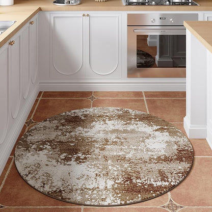 Brown Round Area Rugs 4ft Washable Circle Rug for Entryway Kitchen, Non Slip Soft Low Pile Stain Resistant, Boho Circular Carpet for Living Room Bedroom Dorm Dining Room Table, Abstract Coffee