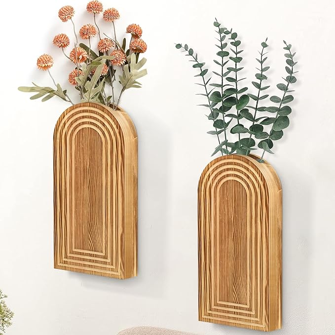 2 Pack Wall Decor Wood Wall Planters for Indoor Plants, Modern Wall Planter for Bathroom, Living Room, Kitchen Decor, Farmhouse Wood Vase for Dried Flowers and Faux Greenery (Rustic Brown)