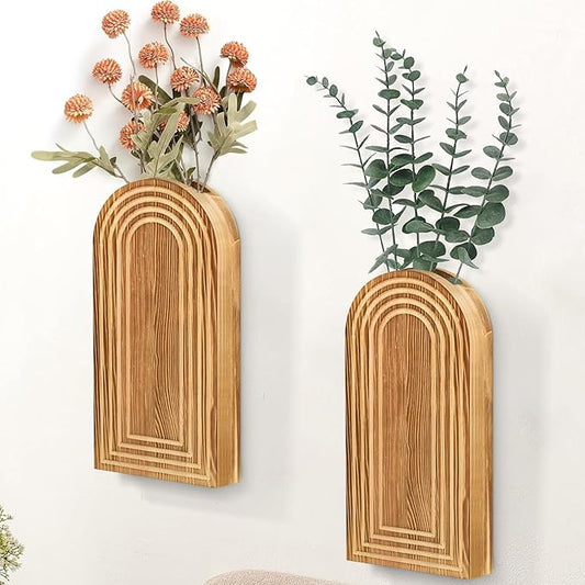 2 Pack Wall Decor Wood Wall Planters for Indoor Plants, Modern Wall Planter for Bathroom, Living Room, Kitchen Decor, Farmhouse Wood Vase for Dried Flowers and Faux Greenery (Rustic Brown)
