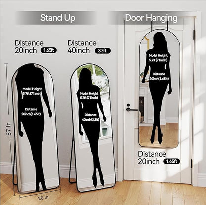 SCWF-GZ 57x20 Door Hanging Full Length Mirror, Floor (Height 5.7ft just Body in1.3ft) Wall Mounted Metal Frame Arch Dressing Mirrors for Bedroom Bathroom Living Room 57 inch Black