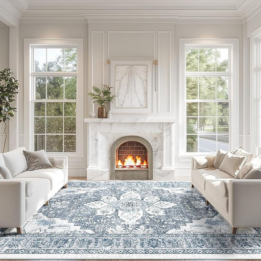 BESTSWEETIE 9x12 Area Rug Washable Rugs for Living Room, No Pile Boho Carpet for Entryway Bedroom Dinning Room, Vintage Carpet Print Distressed Non-Slip, 9 x 12 ft, Blue Grey White