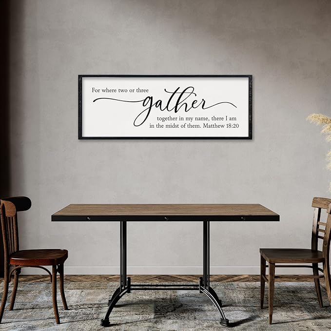 comurdyo Dining Room Wall Decor For Where Two Or Three Gather Sign 32X12 Inch Bible Verse Prayer Matthew 18:20 for Large Modern Farmhouse Simple kitchen Wooden Framed Plaque Hanging Art (Black)