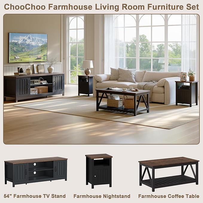 ChooChoo 54" Farmhouse TV Stand for TVs up to 65 inches, Entertainment Center with Storage Cabinets, Open Shelves and Fluted Door, TV Console Table for Living Room, Bedroom, Black