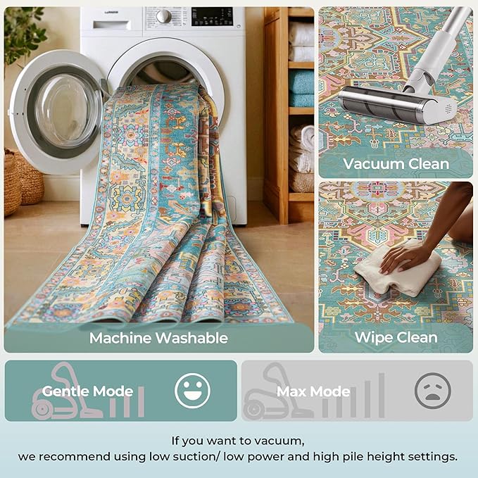 Kokia 8x10 Washable Turquoise Teal Area Rugs with Vintage Orient Design Soft Rug for Living Room or Bedroom Non-Slip Low Pile Stain Resistance Features Distressed Medallion Pattern