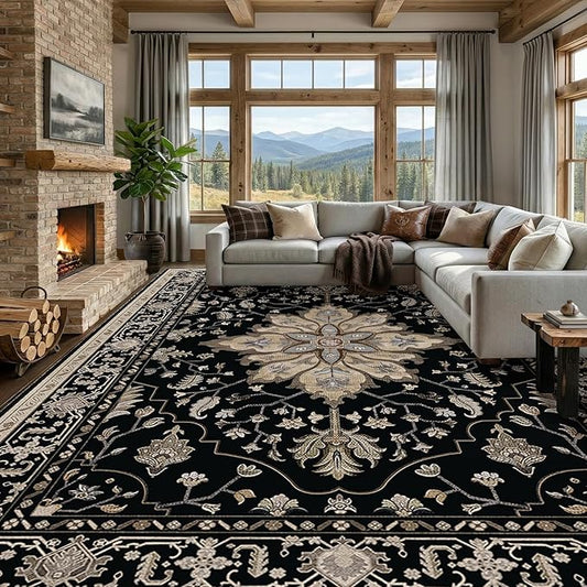 RELEANY Area Rugs 10'x12' Washable Non-Slip, Floral Vintage Distress Print Pattern Medallion Carpet for Living Room Bedroom Dining Room, Black Brown Neutral Dark Tan
