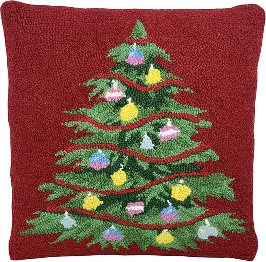 Hand Hooked Christmas Pillow - 16X16 inches Throw Pillow for Couch or Dorm (Tree Ornaments)