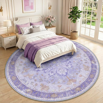 RELEANY Area Rugs Round 10ft Washable Non-Slip, Floral Vintage Distress Print Pattern Medallion Carpet for Living Room Bedroom Dining Room, Light Purple Brown