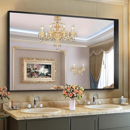 CIRCUMI Black Bathroom Mirror, 36"x55" Rectangular Mirror with Deep Metal Frame, Brushed Finish, Tempered Glass, Large Mirror for Wall, Over 2 Sinks, Installed Vertically/Horizontally, Crystal-Clear