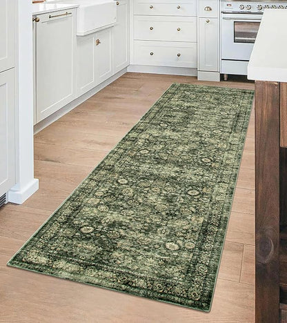 Morebes Vintage Kitchen Runner Rugs Non Skid Washable, Floral Boho 2.5x8 Runner Rug, Non Shedding Runner Rugs for Hallway Indoor Floor Carpet Runner for Laundry Room Bedroom, Grayish Green
