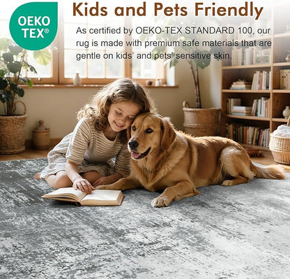 9x12 Ft Extra Large Washable Area Rugs for Living Room, Soft Non-Slip Modern Abstract Pattern Carpet for Bedroom Indoor Floor Nursery Home Decor (Grey)