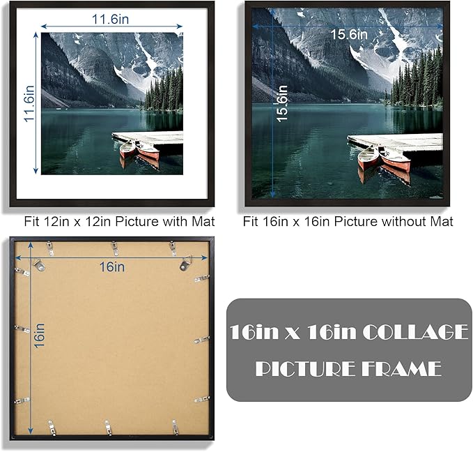 Hongkee 16x16 Square Frame Set of 3 - Display 12x12 Photo with Mat or 16 x 16 Poster without Mat, Wall Mounting Horizontal and Vertical, Black
