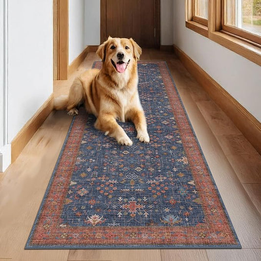 Washable 12 ft Long Runner for Hallway - Navy Blue Kitchen Floor Runner Rug, Pet Friendly Vintage Non Slip with Rubber Backing, Stain Resistant Laundry Room Rug (3x12 Navy Blue & Terracotta)