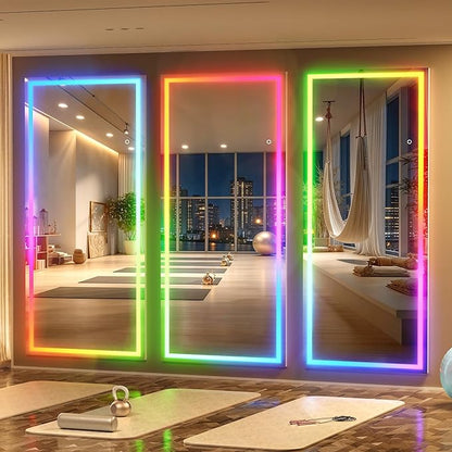 Hasipu 94"x39" LED RGB Bluetooth Home Gym Mirror Full Length with Lights, Wall Mount & Free Standing Full Body Mirror for Bedroom Workout Yoga, Detachable Stand, 7 Color & Brightness Adjustable