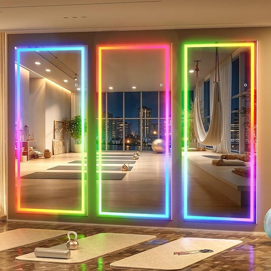 Hasipu 94"x39" LED RGB Bluetooth Home Gym Mirror Full Length with Lights, Wall Mount & Free Standing Full Body Mirror for Bedroom Workout Yoga, Detachable Stand, 7 Color & Brightness Adjustable