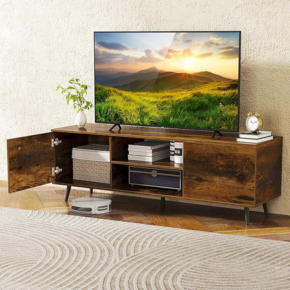 Tangkula TV Stand for 60" TVs, Entertain Center w/Power Outlets, Mid Century Modern Media Console Table w/Adjustable Shelf, 2 Cabinets & Metal Support Legs for Living Room Bedroom (Rustic Brown)