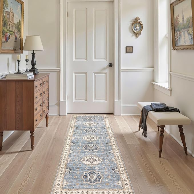 EIEIHOUSE Washable 2x6 Runner Rug - Area Rugs Neutral Vintage Distressed Floral Farmhouse Boho Large Soft Floor Rug Indoor Carpet for Hallway Entryway Bedroom Kitchen - Blue