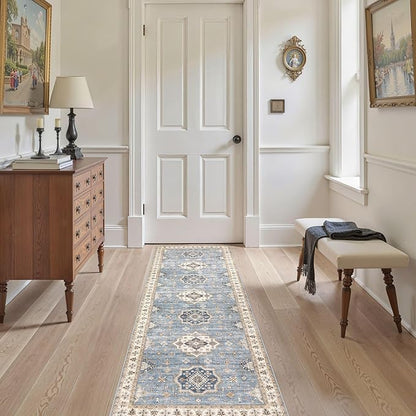 EIEIHOUSE Washable 2x6 Runner Rug - Area Rugs Neutral Vintage Distressed Floral Farmhouse Boho Large Soft Floor Rug Indoor Carpet for Hallway Entryway Bedroom Kitchen - Blue