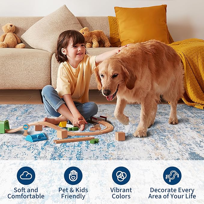 ROYHOME Modern Abstract Runner Rug 2x5 Washable Non Slip Stain Resistant Rug for Bedroom Living Room Non Shedding Low Pile Indoor Floor Cover,Blue/Grey