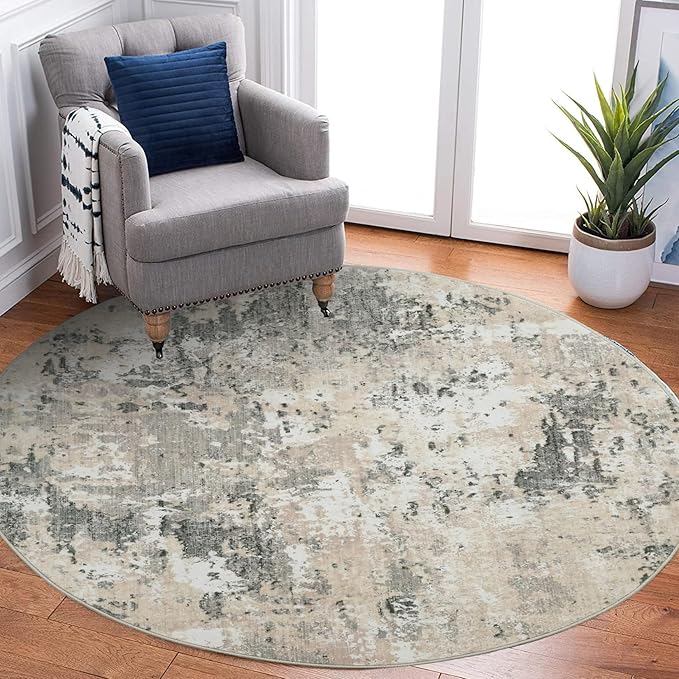 ROYHOME Modern Abstract 6x6 Round Area Rug Non Slip Non Shedding Rug Low Pile Stain Resistant for Bedroom Living Room Office Dining Room,Grey Yellow