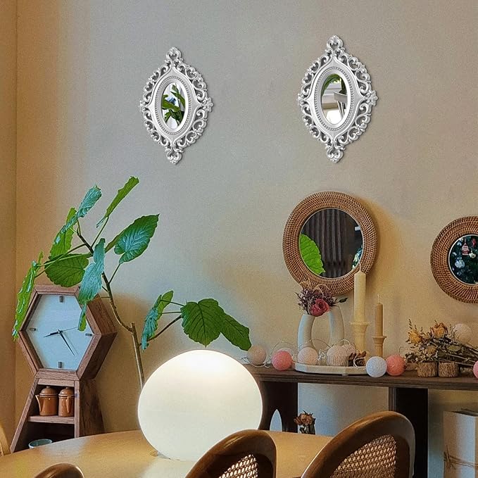 2 Set Oval Wood Carved Wall Mirror Baroque 3D Relief Rustic Home Decor Small Decorative Hanging Mirrors for Living Room, Bedroom Entrance Wall Sculpture