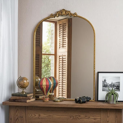 ZIYOO Vintage Baroque Arched Wall Mirror 36"x24", Gold Ornate Antique French Traditional Decor Mirror for Entryway Living Room Fireplace (Gold Metal,36" x 24")