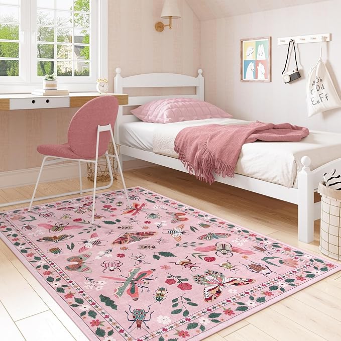 Lahome Insect Machine Washable Rugs 5x7, Soft Modern Pink Rugs for Bedroom Girls Living Room, Non Slip Ultra-Thin Stain Resistant Accent Carpet for Dining Room Nursery Vionnet(5'x7',Pink)